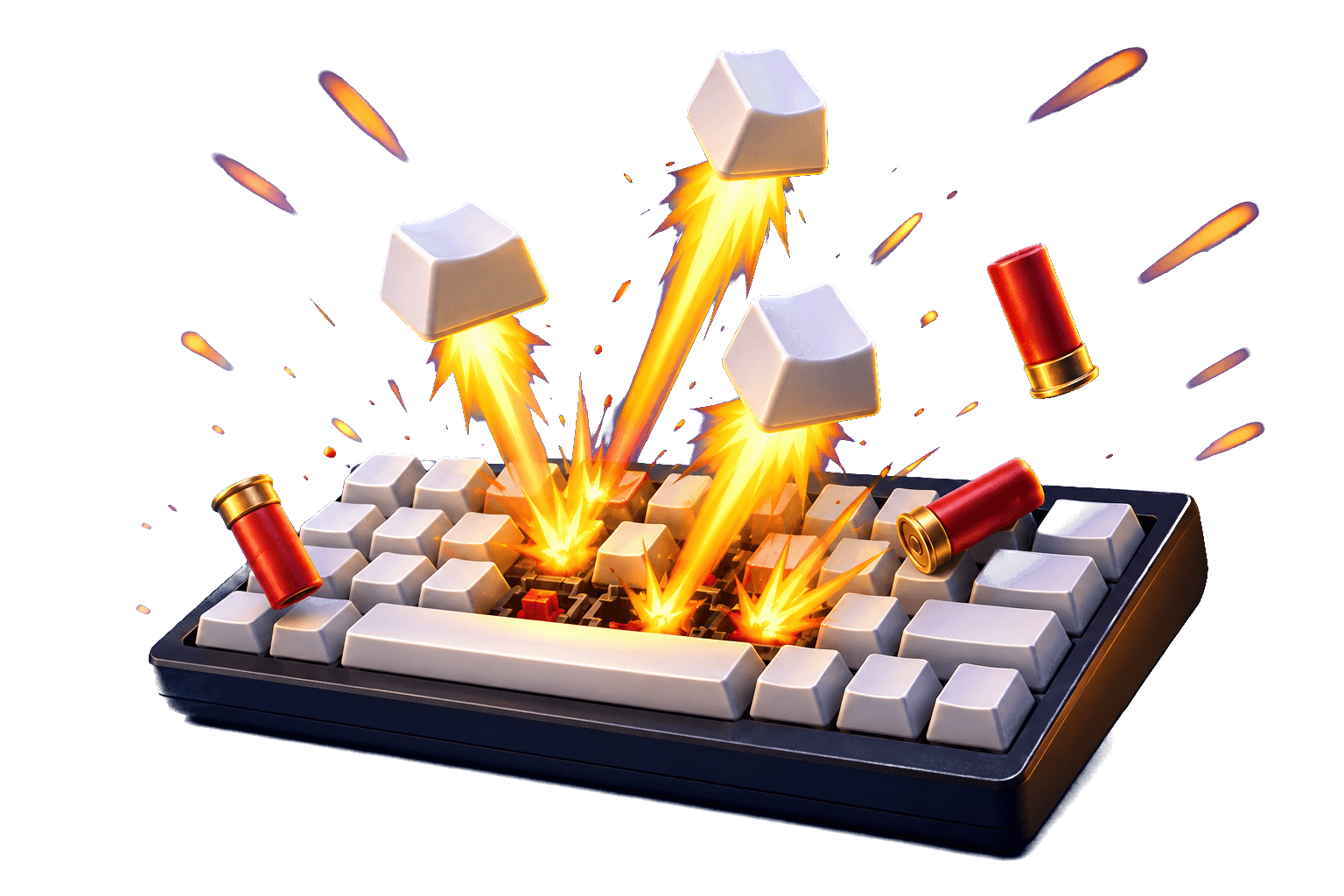 A mechanical keyboard with keycaps blasting off in muzzle flashes while shotgun shells bounce off the keys